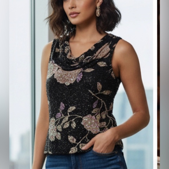 Andretta Donatello Elegant Silk Floral Beaded/ Sequenced Black Top - Picture 1 of 12